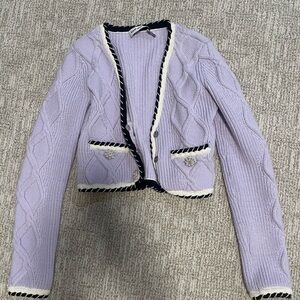 Self-Portrait Lilac Knit Cardigan with Black Trim